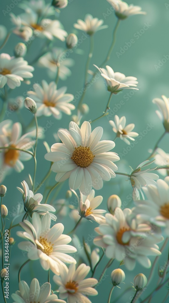 Neatly arranged chamomile flowers on a soothing light green background. The chamomile's soft white petals and bright yellow center contrast beautifully with the tranquil green backdrop. Neatly arranged chamomile flowers on a soothing light green background. The chamomile's soft white petals and bright yellow center contrast beautifully with the tranquil green backdrop.