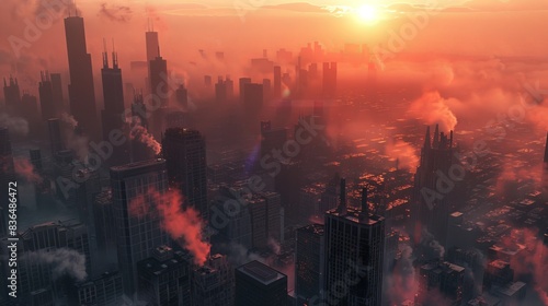 based on dennis pallumbo's 'City Wars' aerial image or a war torn Chicago, sun is rising, buildings look destroyed, smoke is coming out from some buildings, high resolution photography, render, octane photo