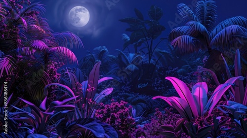 Dark jungle with glowing purple plants and flowers  moonlight  dark blue sky  hyper realistic