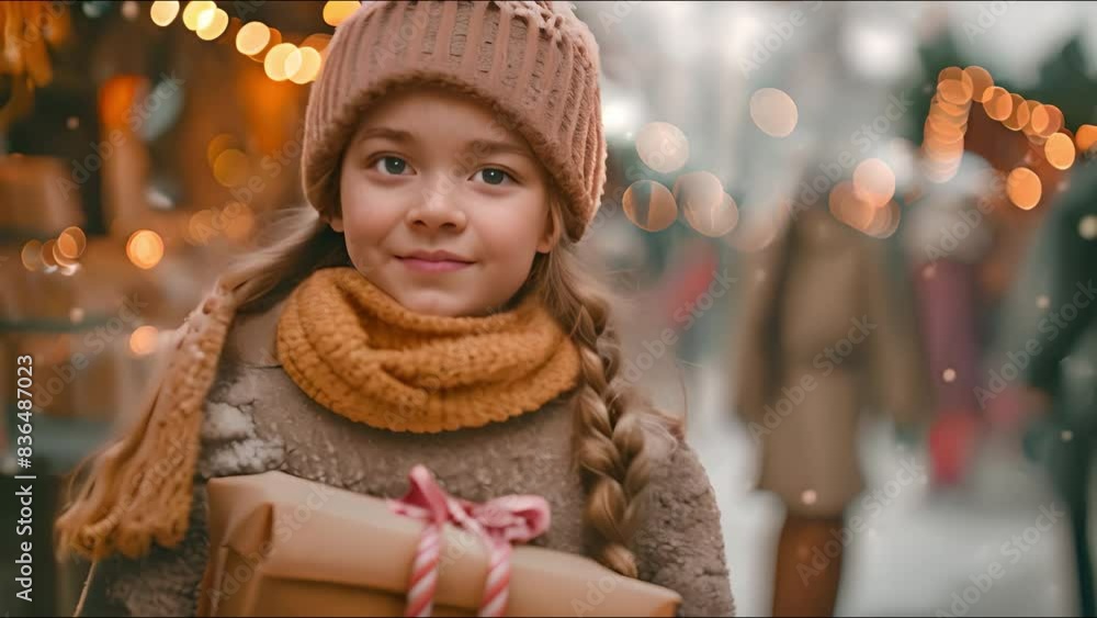 Joyful girl strolling with her family at the Christmas market while clutching a gift package Joyful girl strolling with her family at the Christmas market while clutching a gift package