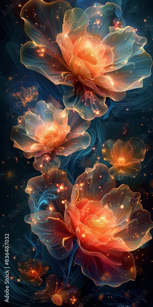 Obraz premium A glowing flower of lights on a dark background. 