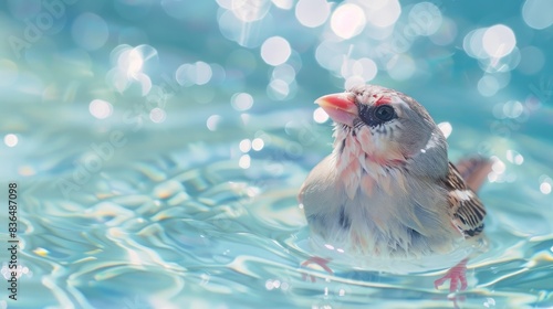 Java Sparrow Engaging in Poolside Playfulness