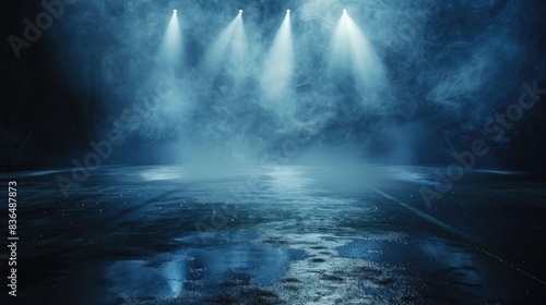 Dark street, wet asphalt, reflections of rays in the water. Abstract dark blue background, smoke, smog. Empty dark scene, neon light, spotlights. Concrete © Khalif