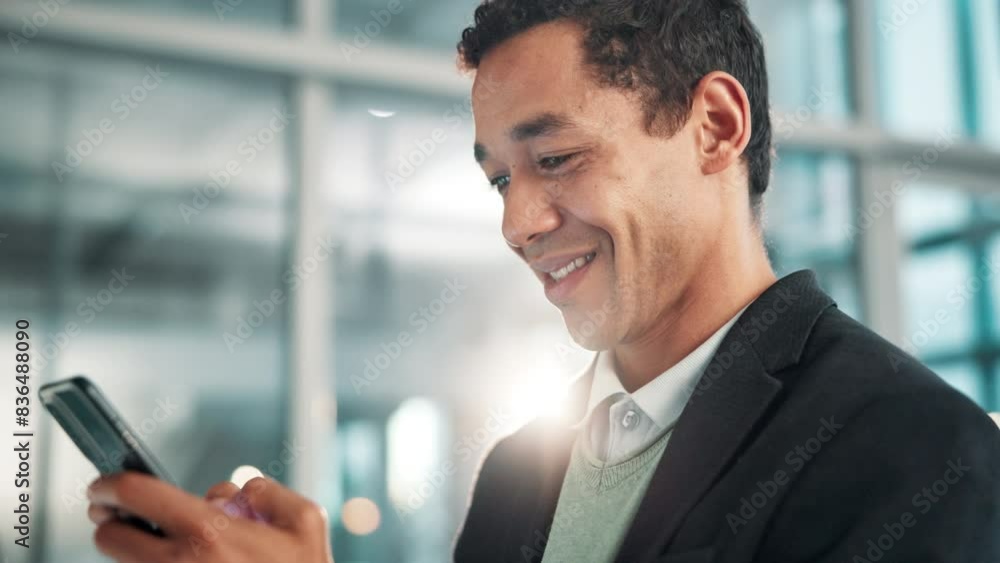 Smile, email and businessman with phone in office for investment, feedback or reading budget report. Financial advisor, happy and typing with technology for internet, research or digital finance news Smile, email and businessman with phone in office for investment, feedback or reading budget report. Financial advisor, happy and typing with technology for internet, research or digital finance news