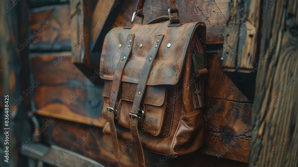 Illustrate a rustic leather backpack hanging on a wooden hook, capturing the texture and wear marks on the material Illustrate a rustic leather backpack hanging on a wooden hook, capturing the texture and wear marks on the material