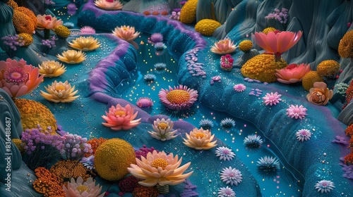 Render a birds-eye view of a whimsical dreamland with candy-colored rivers flowing through a vibrant, meandering landscape of oversized flowers and twinkling stars
