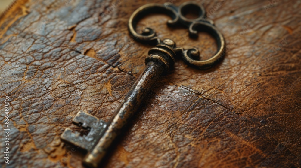 An ornate antique key placed on a weathered book, symbolizing history and mystery. An ornate antique key placed on a weathered book, symbolizing history and mystery.