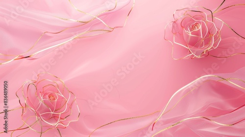 Fototapeta Naklejka Na Ścianę i Meble -  Romantic pink background with gold rose outlines.