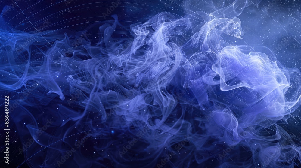 Fototapeta premium Rich indigo smoke above minimalist celestial coordinate lines, artistic style.