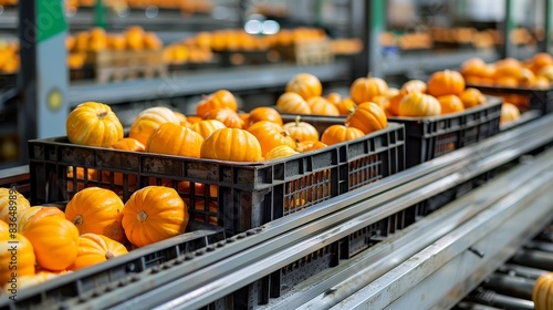 Neatly packed crates of pumpkins on a conveyor belt, moving towards a large loading area in a shipping facility