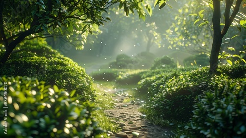 Morning light breaking through the tea tree leaves as you step onto a rustic pathway  the air fresh and serene