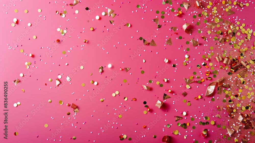 Deep pink background with gold confetti sprinkles. Deep pink background with gold confetti sprinkles.