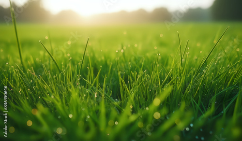 Lush green grass on meadow with drops of water dew in morning