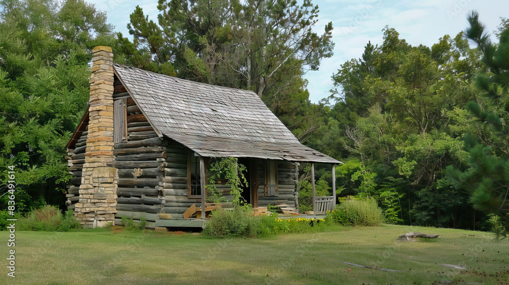Obraz premium Log cabin in a forest in the summer amongst lush evergreens.