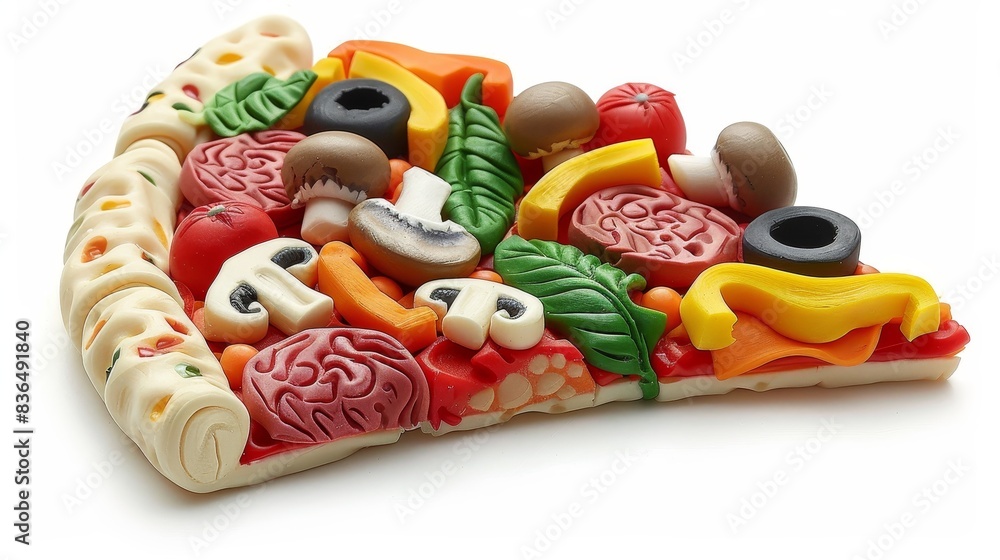Intricate plasticine pizza slice with realistic toppings such as pepperoni, mushrooms, and bell peppers, highlighted in multiple colors Intricate plasticine pizza slice with realistic toppings such as pepperoni, mushrooms, and bell peppers, highlighted in multiple colors