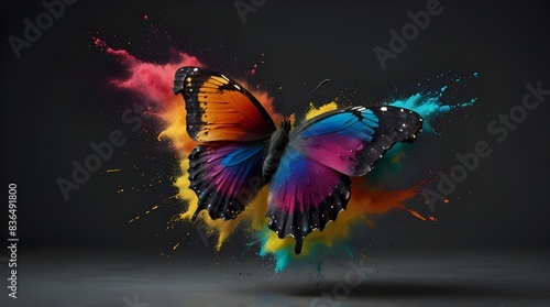 Multicolor powder paint explosion splashing onto a butterfly .generative.ai 