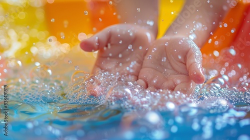Lathered hands of a child  washing over a cheerful  brightly colored basin  soap bubbles and water droplets