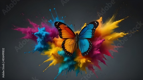 Multicolor powder paint explosion splashing onto a butterfly .generative.ai 