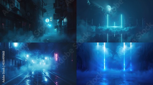 Empty night gloomy scene  moonlight rays  blue neon  smoke  smog. AI generation