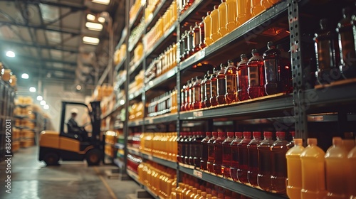 Wallpaper Mural Industrial warehouse with stacks of crates containing oil bottles, forklifts in action, preparing for shipping Torontodigital.ca