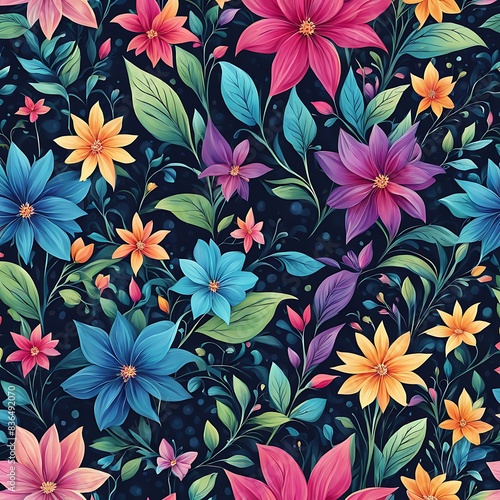 colorful abstract seamless background with flowers and leaf