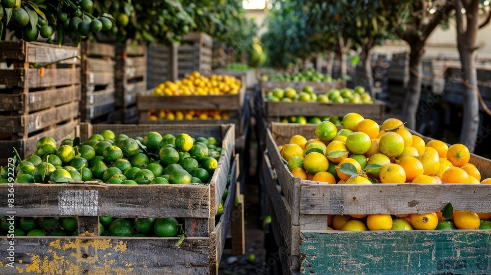 Industrial setting with crates of bergamot ready for shipment, vibrant colors and raw textures Industrial setting with crates of bergamot ready for shipment, vibrant colors and raw textures