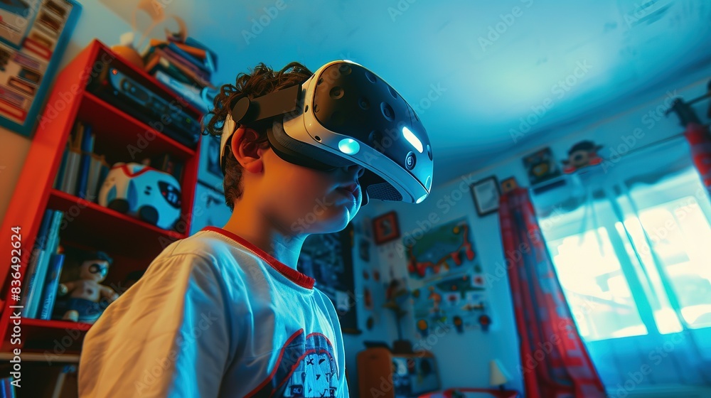 A child plays a virtual reality game in the bedroom A child plays a virtual reality game in the bedroom