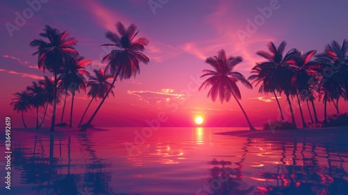 Empty tropical background of night sea beach. Silhouettes of tropical palm trees on a background of bright sunset. 3d illustration