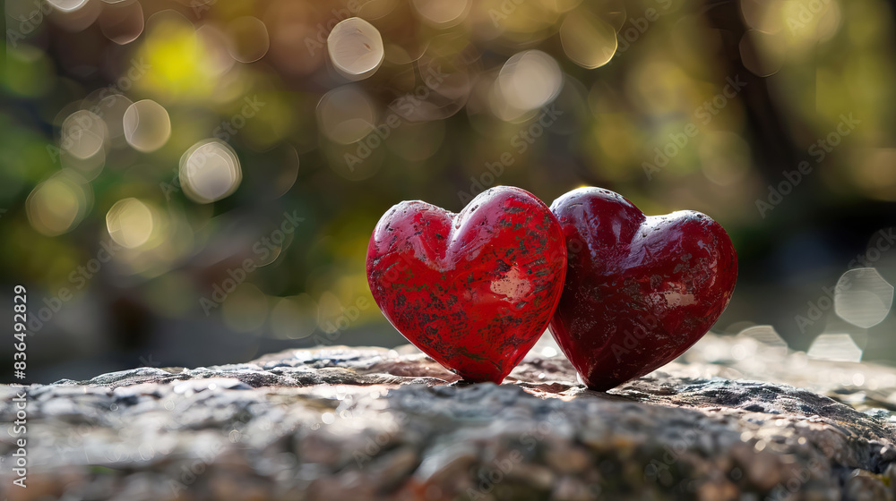 Fototapeta premium grunge two hearts, symbols of love and affection on top of rock against bokeh green garden background with copy space.