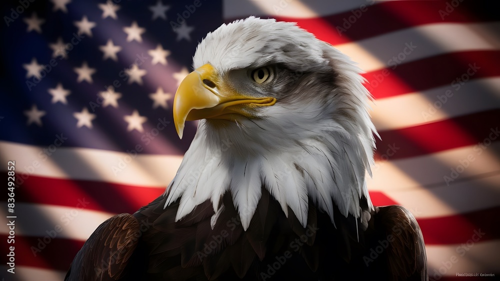 Naklejka premium a bald eagle with a yellow beak with the American flag in the background