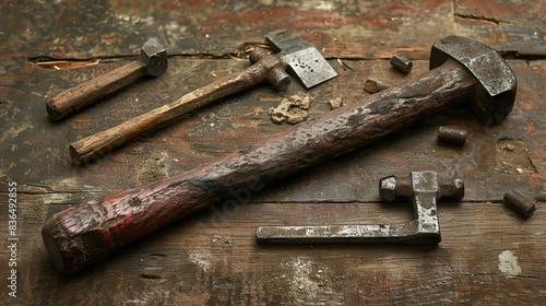 Aged traditional hammer with wooden handle, woodwork or metalwork tool.