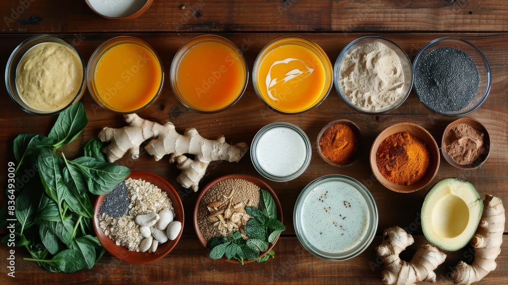Healthy smoothie ingredients arranged on wooden table Healthy smoothie ingredients arranged on wooden table