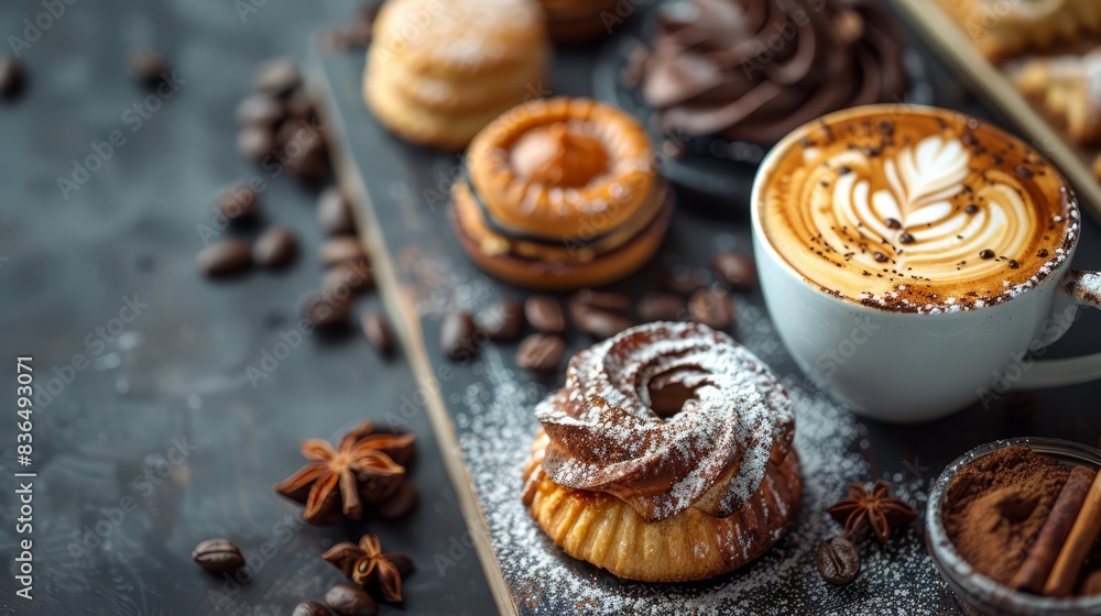 Gourmet coffee and pastry on stylish cafe table with copy space Gourmet coffee and pastry on stylish cafe table with copy space