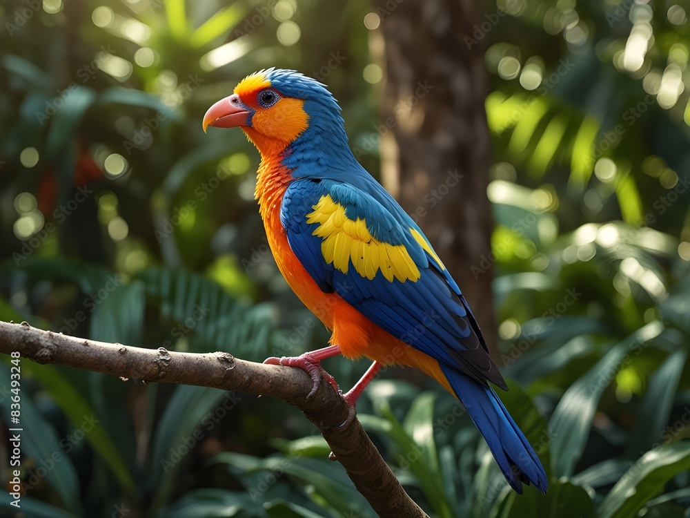 Bright exotic bird in a tropical garden, sunlight. AI Bright exotic bird in a tropical garden, sunlight. AI