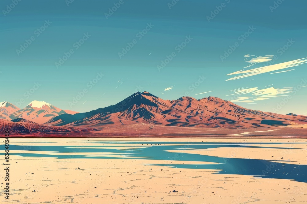 ultradetailed illustration, Salar de Uyuni, Bolivia, limited color palette, happy, first person view, geometric, wide shot ultradetailed illustration, Salar de Uyuni, Bolivia, limited color palette, happy, first person view, geometric, wide shot