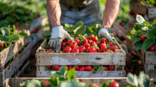 Freshly harvested strawberries in stacked wooden crates, a worker preparing them for shipment