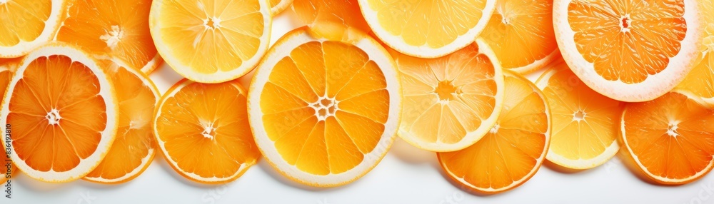 Close-up of fresh orange slices, arranged in a pattern. Close-up of fresh orange slices, arranged in a pattern.