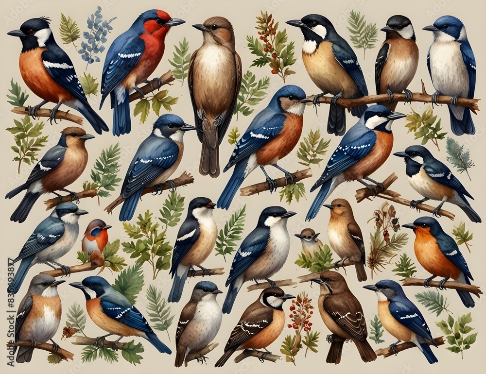 Various forest birds watercolor illustration big set. Hand drawn