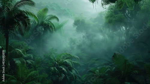 Exotic foggy forest. Jungle panorama  forest oasis. Foggy dark forest. Natural forest landscape. 3D illustration