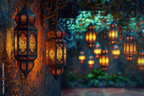  - Sharp focus on intricately designed lanterns against a vibrant Islamic backdrop., High-resolution 4K image of an Islamic theme generated by AI technology.
