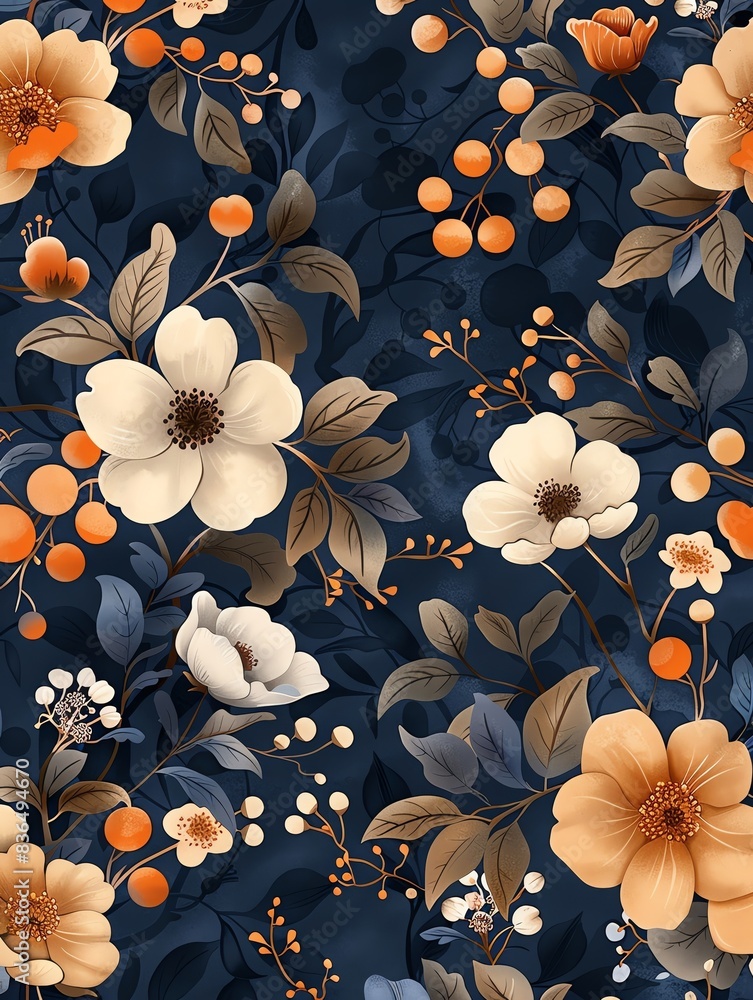 A seamless pattern of Fallow and Fawn flowers, leaves and vines on a Indigo background, as a flat vector illustration drawn in the style of hand drawing, simple yet elegant with hi