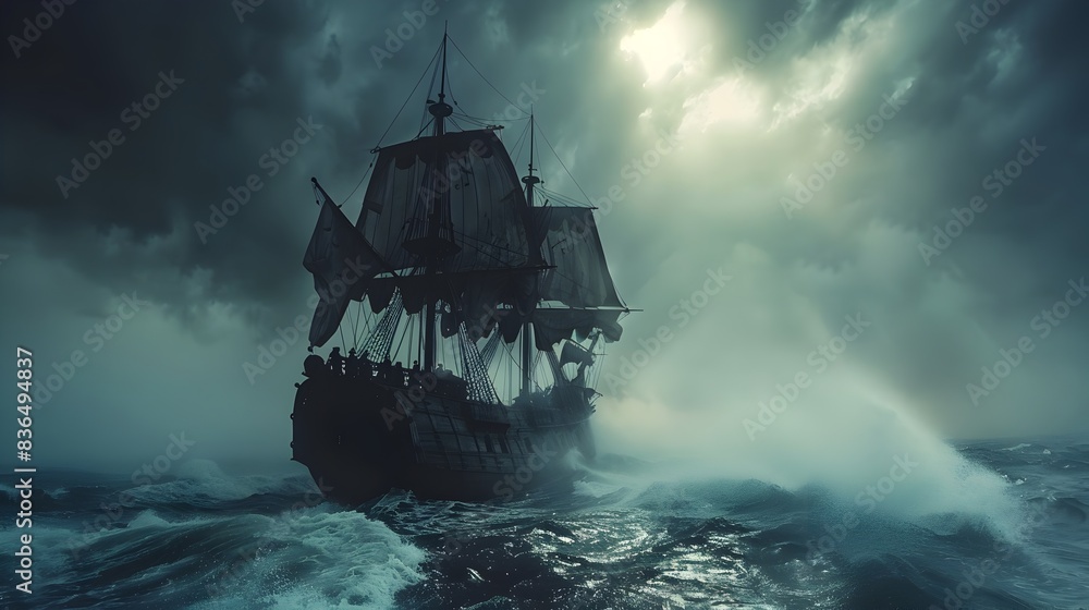 Pirate Ship Sailing Through Stormy Seas Seeking Treasure Pirate Ship Sailing Through Stormy Seas Seeking Treasure