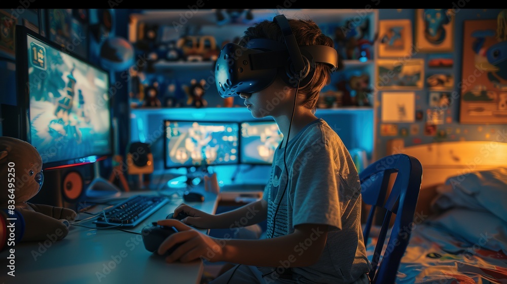 A child plays a virtual reality game in the bedroom A child plays a virtual reality game in the bedroom
