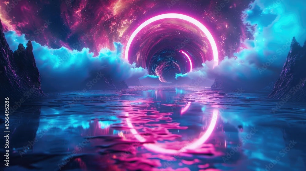 Fantasy night futuristic landscape, cosmic spiral nebula portal, neon, reflection in water