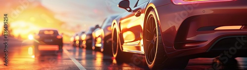 Capture a dramatic low-angle shot of a sleek caravan of modern cars against a vibrant sunset backdrop, ideal for digital photorealistic rendering photo