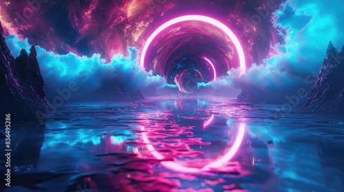 Fantasy night futuristic landscape  cosmic spiral nebula portal  neon  reflection in water
