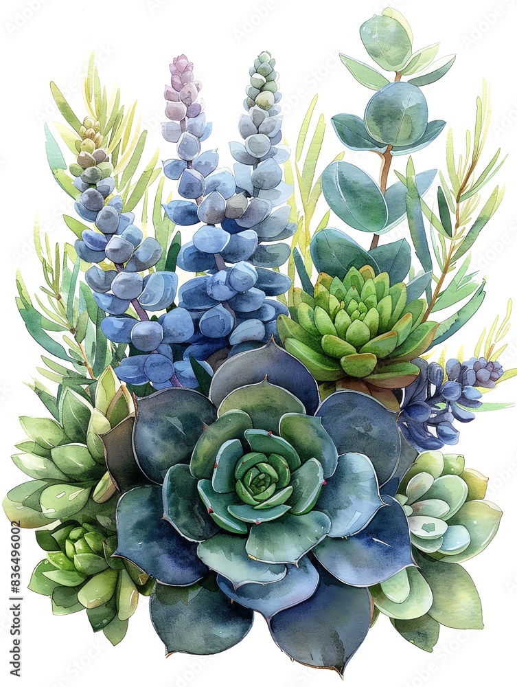 A vibrant watercolor painting of succulent plants featuring various shades of blue and green, perfect for botanical-themed decor. A vibrant watercolor painting of succulent plants featuring various shades of blue and green, perfect for botanical-themed decor.