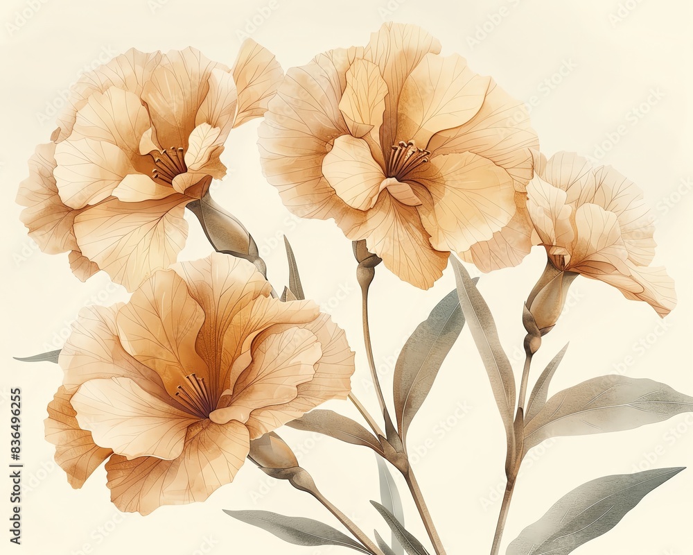 Beautiful watercolor of delicate peach flowers and green leaves on a light background, perfect for artistic and decorative uses. Beautiful watercolor of delicate peach flowers and green leaves on a light background, perfect for artistic and decorative uses.