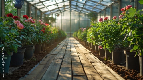 Entering a greenhouse with a wooden walkway, surrounded by rows of young rose plants, the air filled with the promise of blooming roses