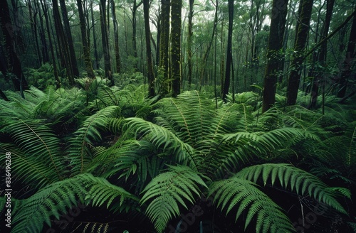 Ferns and other vegetation in the rainforest  Great Tasmanian wreath ferns  on a large tree trunk  among tall trees  in the green forest  in the rain forest  the photo taken